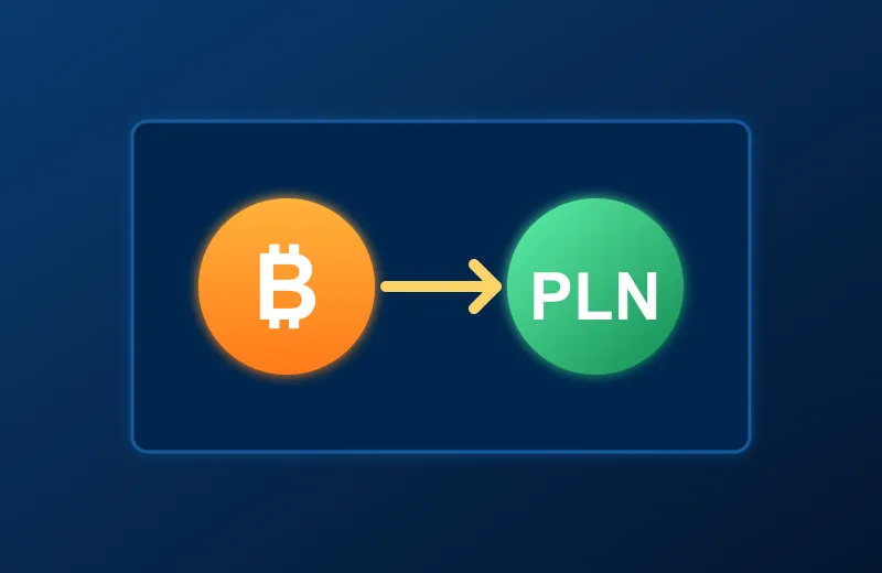 Symbol bitcoina i napis PLN połączone strzałką – kasa AMPM Kasyno